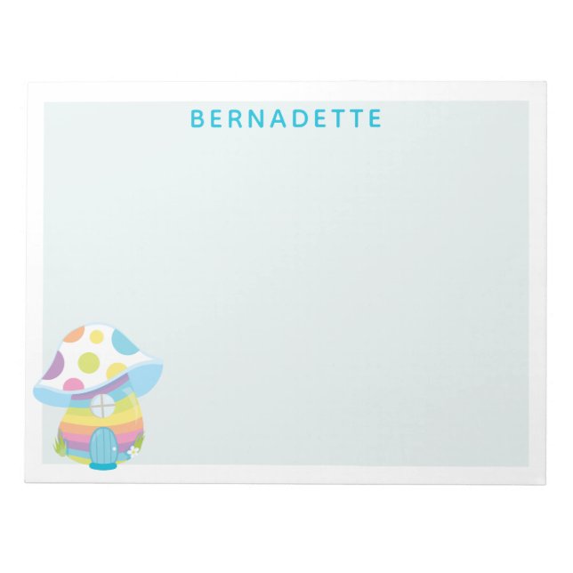Cute Whimsical Rainbow Mushroom House Blue Name Notepad (Front)