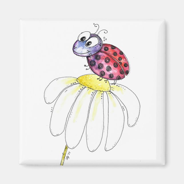 Cute Whimsical Red Ladybug on a White Flower Magnet (Front)