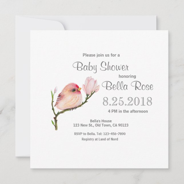 Cute Whimsical Redpoll Bird Baby Shower Invitation (Front)