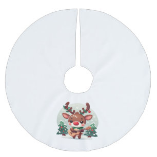 Cute Whimsical Reindeer with guitar Brushed Polyester Tree Skirt