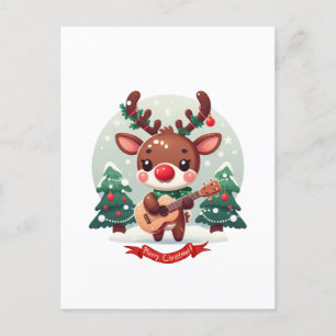 Cute Whimsical Reindeer with guitar Holiday Postcard