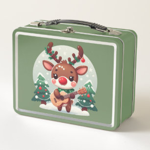 Cute Whimsical Reindeer with guitar Metal Lunch Box