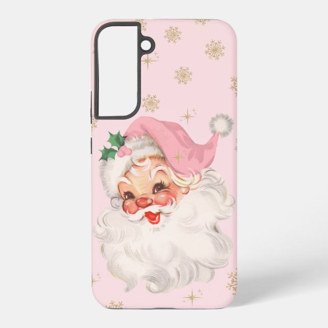 Cute Whimsical Retro Pink Santa Christmas Pattern Samsung Galaxy S22+ Case (Back)