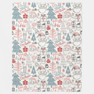Cute Whimsical Santa Christmas Tree Pattern Pink Fleece Blanket