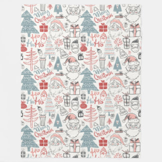 Cute Whimsical Santa Christmas Tree Pattern Pink Fleece Blanket