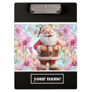 Cute Whimsical Santa Claus with Floral Clipboard