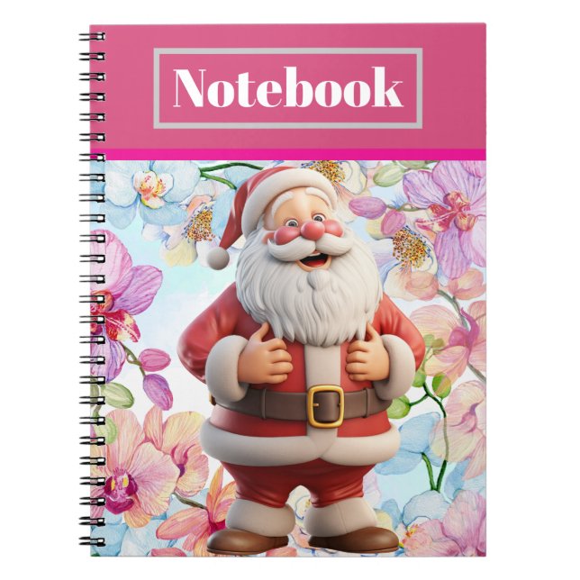 Cute Whimsical Santa Claus with Floral Notebook (Front)