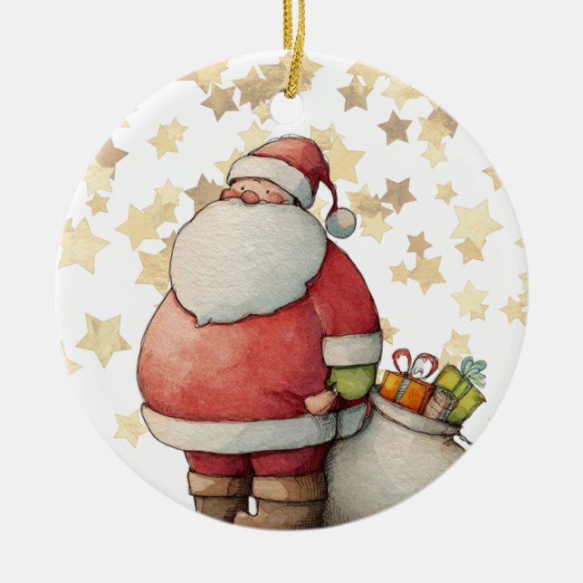 Cute Whimsical Santa Claus with star Ceramic Tree Decoration (Front)