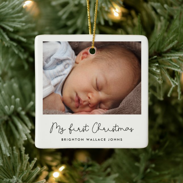 Cute whimsical script Baby's First Christmas photo Ceramic Ornament (Tree)