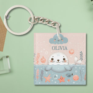Cute Whimsical Seal Pup Personalised Key Ring
