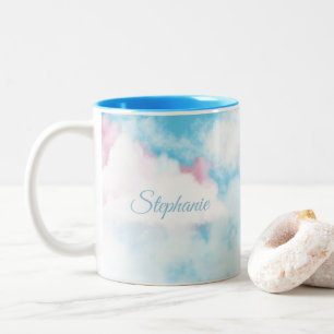Cute Whimsical Sky Pink and Blue Clouds Two-Tone Coffee Mug