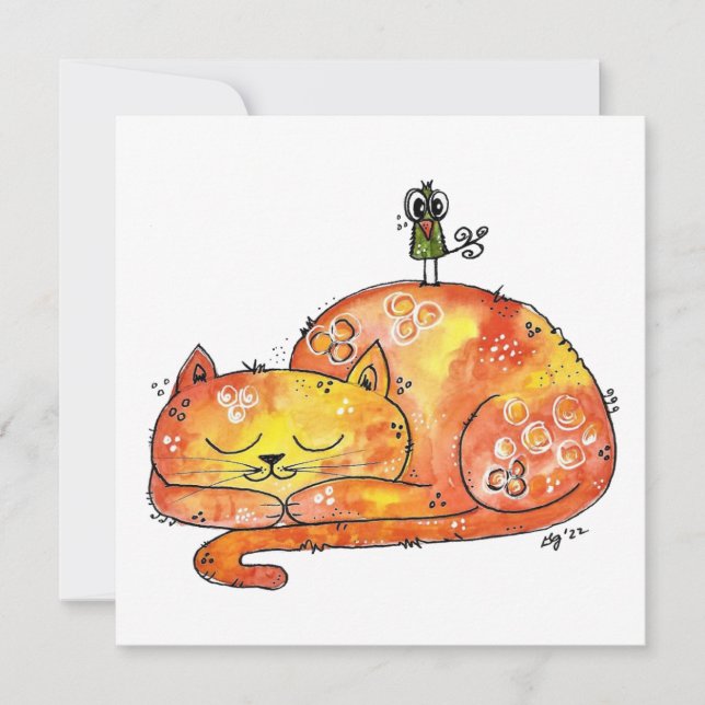 Cute Whimsical Sleeping Cat Greeting Card (Front)