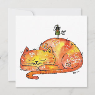 Cute Whimsical Sleeping Cat Greeting Card