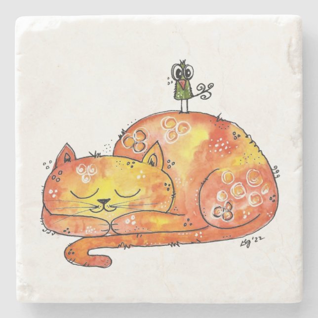 Cute Whimsical Sleeping Cat Stone Coaster (Front)