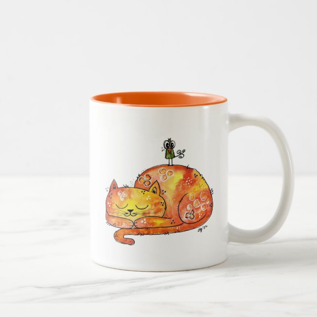 Cute Whimsical Sleeping Cat Two-Tone Coffee Mug (Right)