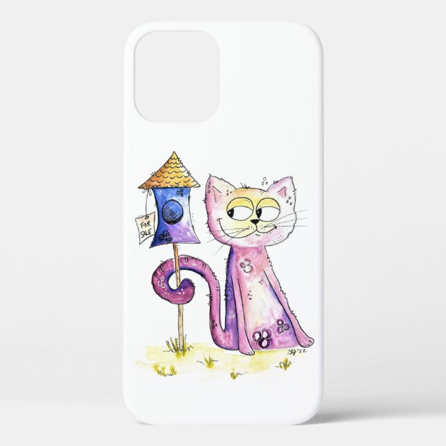 Cute Whimsical Sneaky Cat with Birdhouse Case-Mate iPhone Case (Back)
