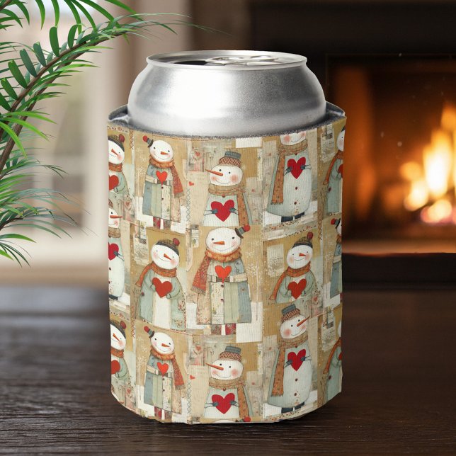 Cute Whimsical Snowman Earth Love Can Cooler (cute and whimsical can cooler featuring illustrations of snowmen carrying red hearts)
