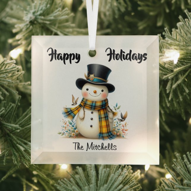 Cute Whimsical Snowman Glass Ornament  (Insitu)