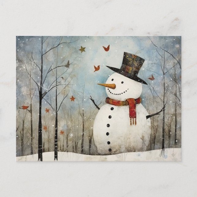 Cute Whimsical Snowman in a Top Hat  Postcard (Front)