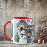 Cute Whimsical Snowman in the Front Yard Christmas<br><div class="desc">A cute watercolor illustration of a snowman in front of a suburban Victorian house in a sweet cosy neighbourhood. Snowman has blue scarf and top hat on.</div>