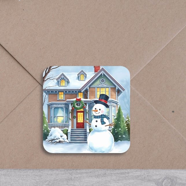 Cute Whimsical Snowman in the Front Yard Christmas Square Sticker (Creator Uploaded)