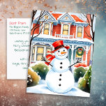Cute Whimsical Snowman in the Suburbs Christmas<br><div class="desc">Personalised traditional Christmas postcard. A cute watercolor illustration of a snowman in front of a suburban Victorian house in a sweet cosy neighbourhood. Add your own holiday greeting and family names in the personalise area.</div>