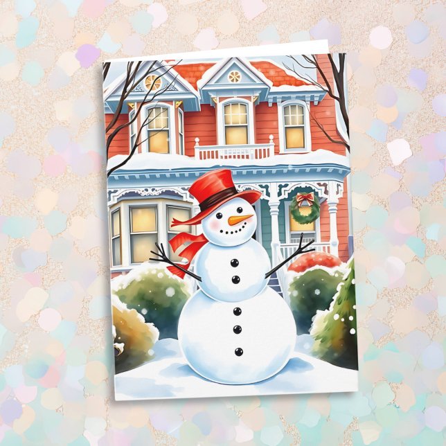 Cute Whimsical Snowman in the Suburbs Christmas Card (Creator Uploaded)