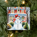 Cute Whimsical Snowman in the Suburbs Christmas Ceramic Ornament<br><div class="desc">Personalised Christmas ornament. A cute watercolor illustration of a snowman in front of a suburban Victorian house in a sweet cosy neighbourhood.</div>