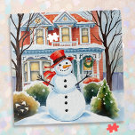 Cute Whimsical Snowman in the Suburbs Christmas Jigsaw Puzzle<br><div class="desc">A cute watercolor illustration of a snowman in front of a suburban Victorian house in a sweet cosy neighbourhood.</div>