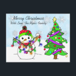 Cute Whimsical Snowman with Christmas Lights Postcard<br><div class="desc">Cute Whimsical Snowman with Christmas Lights with Christmas tree and snowflakes in the background personalised postcard Christmas card, </div>