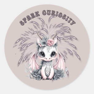 Cute Whimsical "Spark Curiosity" Little Dragon Classic Round Sticker