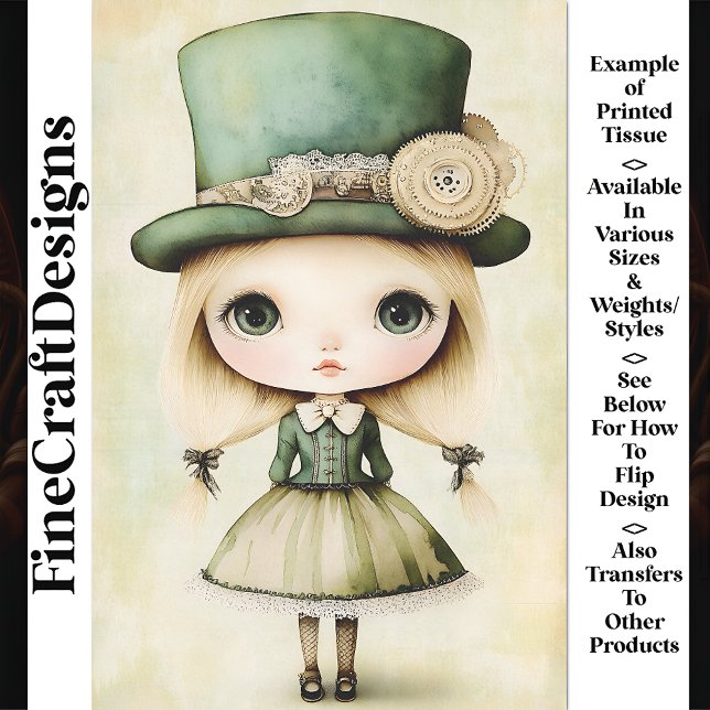 Cute Whimsical Steampunk Doll, Green AM1 Decoupage Tissue Paper (Creator Uploaded)