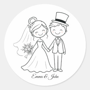Cute Whimsical Stick Figure Wedding Favour  Classic Round Sticker