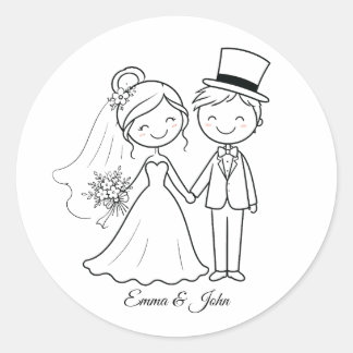 Cute Whimsical Stick Figure Wedding Favour Classic Round Sticker
