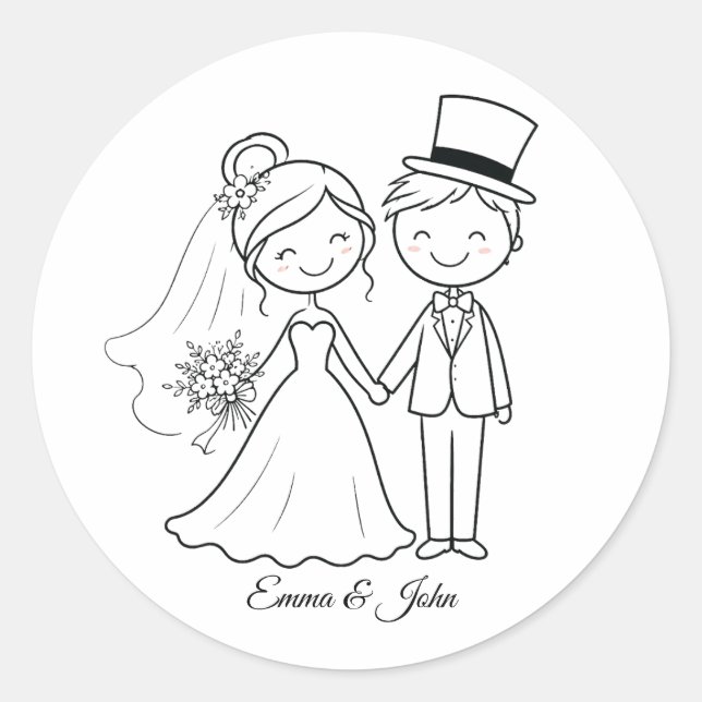 Cute Whimsical Stick Figure Wedding Favour  Classic Round Sticker (Front)