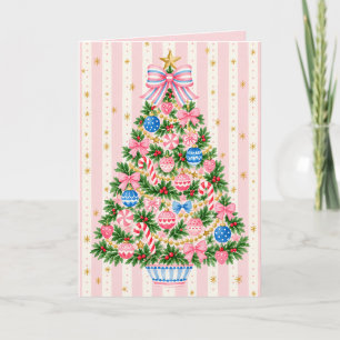 Cute Whimsical Striped Pink Bow Christmas Tree Holiday Card