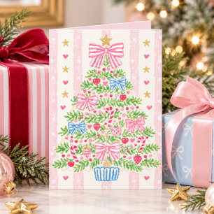Cute Whimsical Striped Pink Bow Christmas Tree Holiday Card
