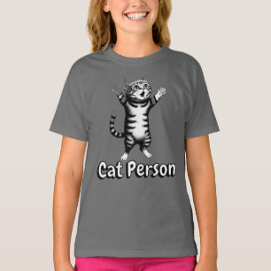 Cute Whimsical Striped Tabby Cat Person Grey Tee