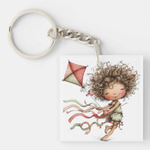 CUTE WHIMSICAL SUMMER GIRL WITH KITE KEY RING