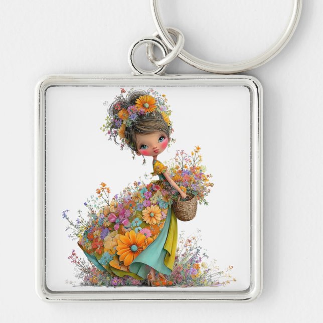 CUTE WHIMSICAL SUMMER GIRL WITH TINY FLOWERS KEY RING (Front)
