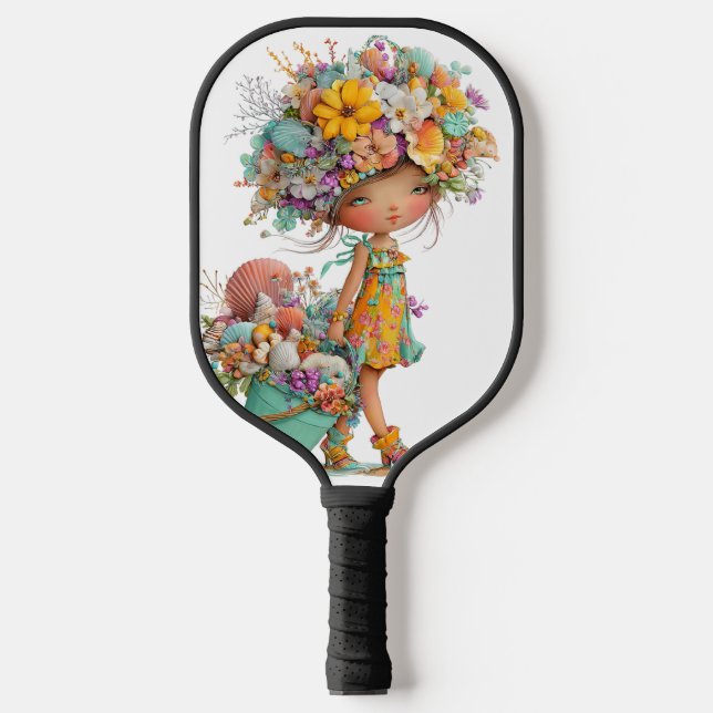 CUTE WHIMSICAL SUMMER THEMED GIRL WITH SHELLS PICKLEBALL PADDLE (Front)