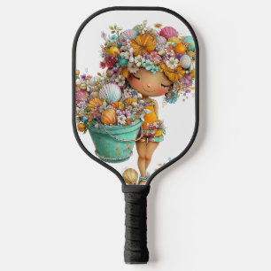 CUTE WHIMSICAL SUMMER THEMED GIRL WITH SHELLS PICKLEBALL PADDLE