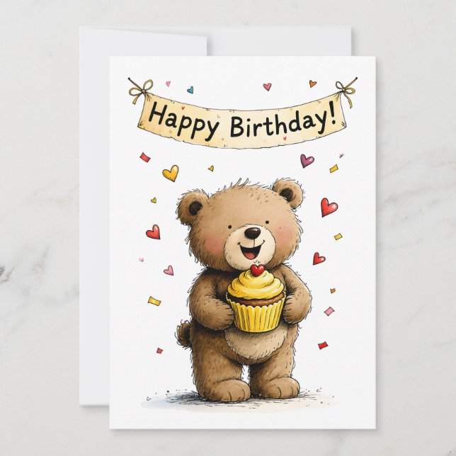 Cute Whimsical Teddy Bear Happy Birthday Flat Card (Front)