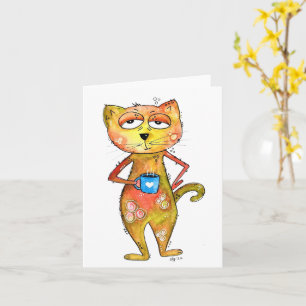 Cute Whimsical Tired Cat Drinking Coffee Card