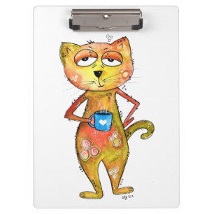 Cute Whimsical Tired Cat Drinking Coffee Clipboard
