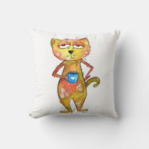 Cute Whimsical Tired Cat Drinking Coffee Cushion