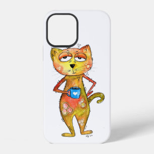 Cute Whimsical Tired Cat Drinking Coffee iPhone 12 Case