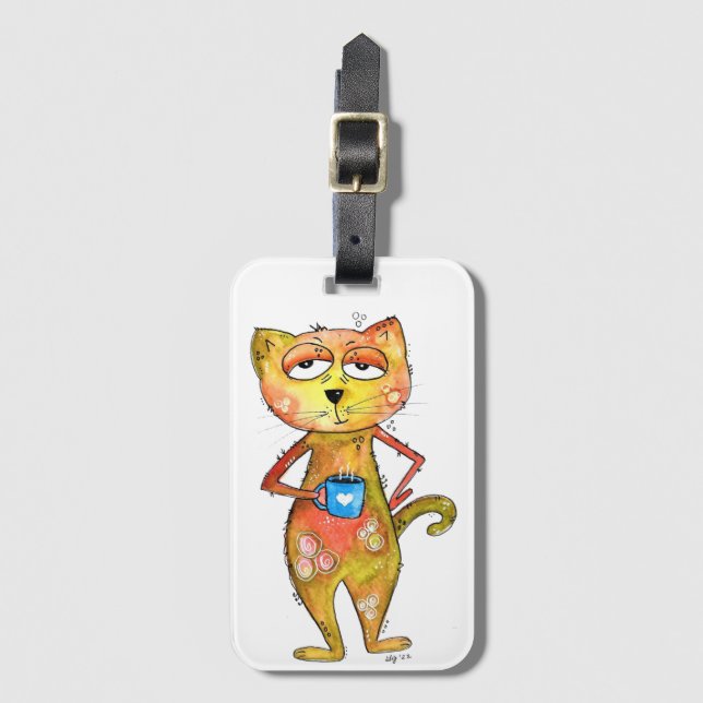 Cute Whimsical Tired Cat Drinking Coffee Luggage Tag (Front Vertical)
