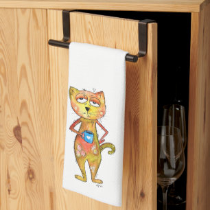 Cute Whimsical Tired Cat Drinking Coffee Tea Towel