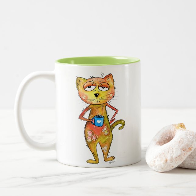 Cute Whimsical Tired Cat Drinking Coffee Two-Tone Coffee Mug (With Donut)